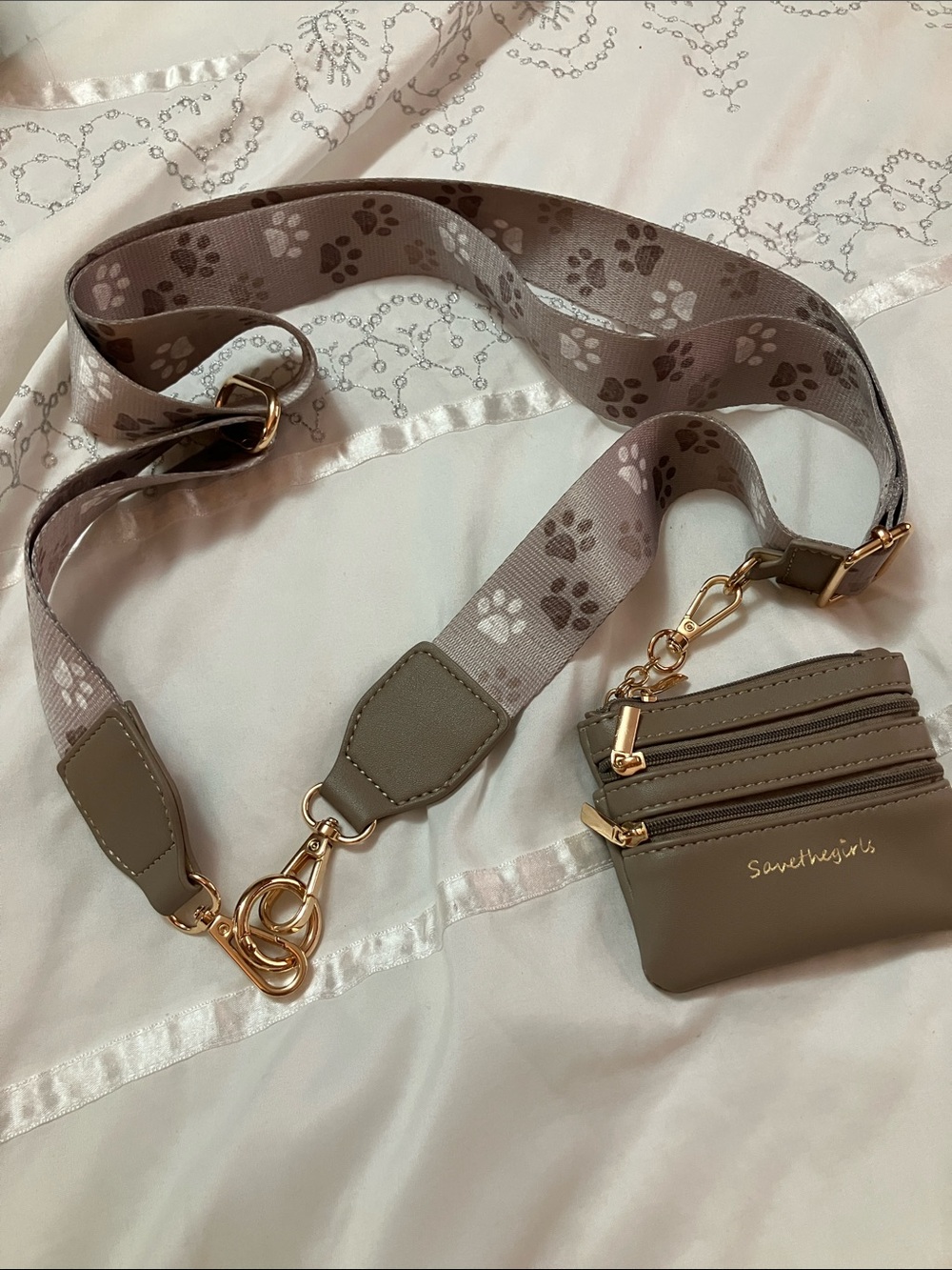 Savethegirls Taupe Mini Crossbody Wallet with Paw-Print Strap